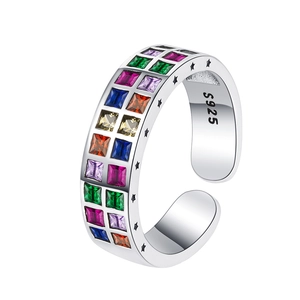 S925 sterling silver rainbow zircon open ring with vintage stars and colorful stones