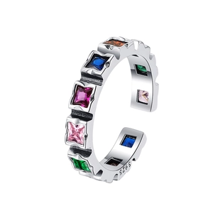 S925 sterling silver open ring with colorful square cubic zirconia in rainbow colors