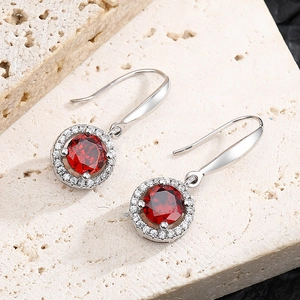 Elegant S925 silver halo earrings featuring round garnet-red stones and zircon accents