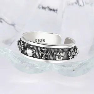 Vintage S925 sterling silver open ring with carved crown and cross motifs for men and women