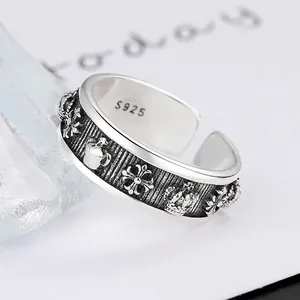Vintage S925 sterling silver open ring with crown and cross floral engraved patterns