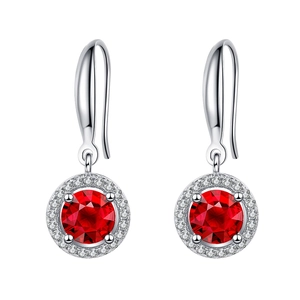 Elegant S925 silver halo earrings featuring round garnet red stones and white crystals