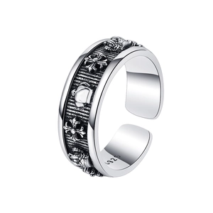 Vintage S925 sterling silver crown ring featuring gothic cross relief and open design