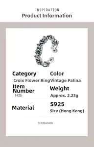Macro detail of S925 sterling silver ring showing vintage floral patterns and green gems