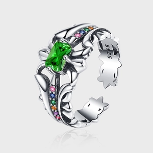 Vintage 925 Sterling Silver Cross Flower Open Ring For Men Women Gothic Punk Green Stone Multicolor Rhinestone Finger Ring