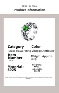 Detail view of S925 sterling silver cross ring with green crystal and colorful zircons