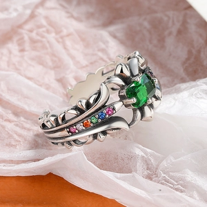 S925 silver retro cross flower ring with emerald cut green stone and rainbow crystals