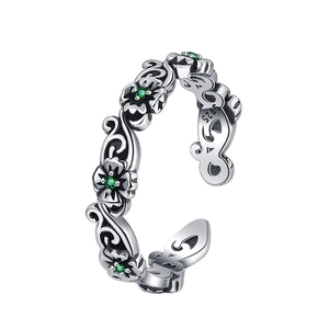 S925 sterling silver vintage rose ring with green gemstone and floral engravings