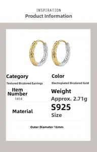 Detailed specs of S925 silver hoop earrings featuring gold-silver texture and 16mm diameter