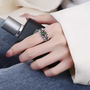 S925 silver vintage cross ring with emerald green stone and colorful accent gems