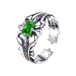 Retro S925 sterling silver open ring with emerald-cut green stone and colorful accent gems