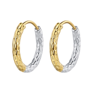 Two-tone S925 silver and gold hoop earrings with hammered texture and buckle closure
