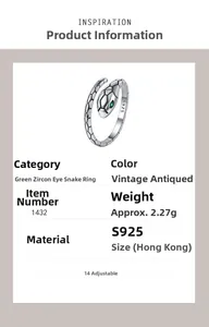 Detail specifications of 925 silver snake ring with green zircon eyes and vintage finish