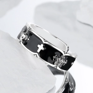 Gothic S925 silver iris crown open ring with black enamel and vintage punk cross