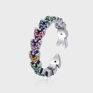 Vintage 925 Sterling Silver Wheat Ear Heart Open Ring For Women Colorful Rhinestone Antiqued Adjustable Fashion Jewelry