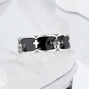 Gothic S925 silver iris crown ring with black enamel details on white stone base