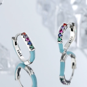 S925 sterling silver French vintage rainbow crystal hoop earrings with blue enamel