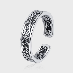 925 Sterling Silver Vintage Tang Grass Pattern Open Ring For Women Retro Antique Oxidized Adjustable Ethnic Finger Jewelry
