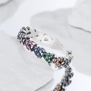S925 sterling silver wheat-heart open ring with multi-colored zircon stones