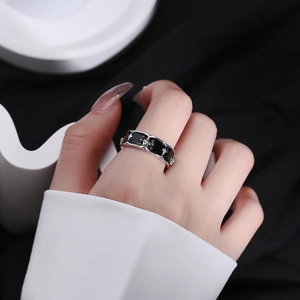 S925 sterling silver iris crown open ring with black enamel punk gothic style design