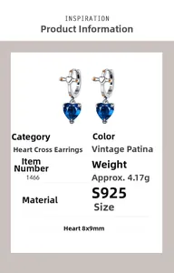 Detail specifications of s925 silver heart cross earrings with blue zircon