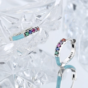 French vintage S925 silver rainbow zircon earrings with light blue enamel glaze finish