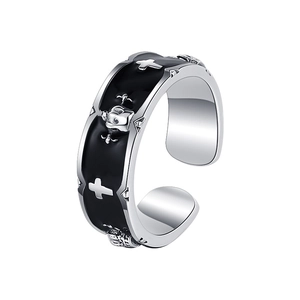 Vintage S925 sterling silver fleur-de-lis crown open ring with black enamel details