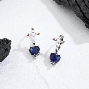 S925 sterling silver heart earrings with cross accents and blue zircon heart pendant