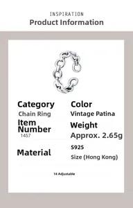 Detail showing vintage S925 silver chain ring weight of 2.65g and adjustable sizing