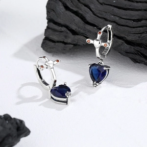 S925 silver heart hoop earrings with blue zircon and gothic cross elements
