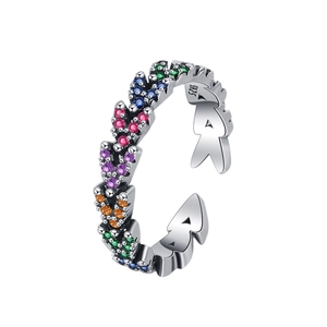 S925 sterling silver open ring with colorful gemstones and leaf pattern design