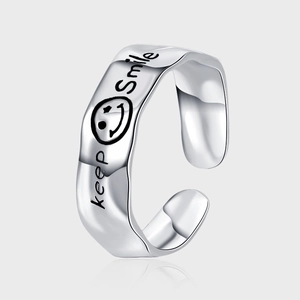 925 Sterling Silver Keep Smile Letter Ring For Women Smile Face Open Adjustable Ring Minimalist Distressed Vintage Finger Ring Jewelry