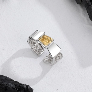 Bague Ouverte en Argent S925 Motif Écailles de Dragon aux Couleurs Contrastées Or et Argent