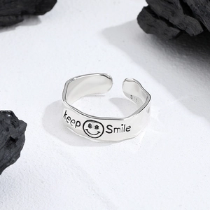 Minimalist 925 sterling silver wavy open ring featuring Keep Smile engraving and smiley face