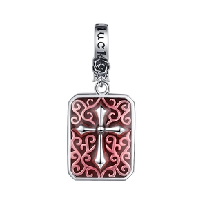 S925 Silberanhänger im Bohème-Stil mit roter Emaille, Kreuz und Rosen-Lucky-Öse