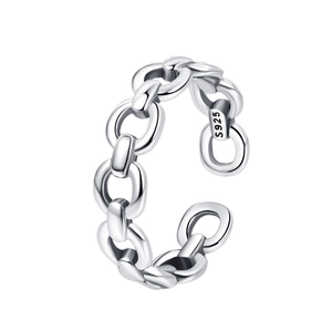 Polished S925 sterling silver chain link open ring with a minimalist vintage design