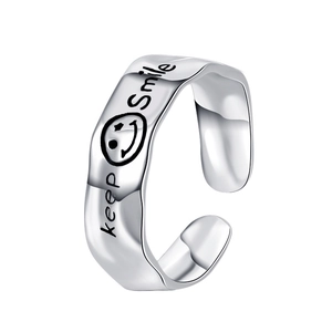 Minimalist 925 sterling silver open ring with keep smile engraving and wave pattern