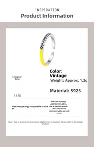 Detail view of S925 sterling silver ring featuring colorful zircon and yellow enamel work