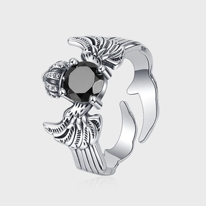 925 Sterling Silver Vintage Gothic Crown Wings Ring With Black Rhinestone Distressed Open Adjustable Finger Ring For Women