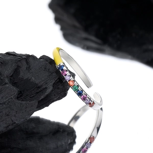 S925 sterling silver open ring featuring colorful rainbow gemstones and yellow enamel accent