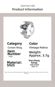 Detail of S925 sterling silver crown ring showing its 3.7g weight and adjustable size