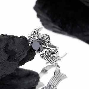 Vintage 925 silver gothic ring with black zircon stone featuring wings and crown design