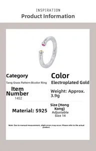 Detailed specs of S925 sterling silver adjustable ring with gold contrast and carvings