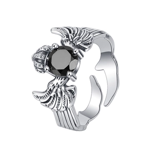 Vintage 925 sterling silver open ring featuring black zircon, crown and wing elements