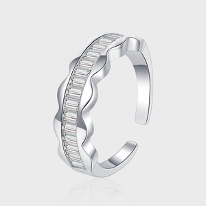 925 Sterling Silver Wavy Band Ring For Women Elegant Baguette Rhinestone Adjustable Open Ring Minimalist Fashion Jewelry