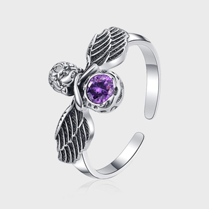 925 Sterling Silver Angel Wings Open Ring For Women Antique Distressed Purple Zirconia Inlaid Adjustable Finger Ring