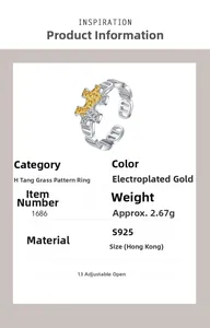 Detail of S925 silver ring with golden floral patterns and technical specifications