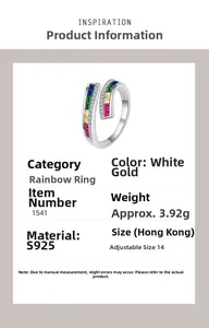 Detailed specs for S925 sterling silver rainbow ring with colorful gemstone inlay