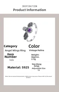 Detailed specs of S925 sterling silver angel wing ring with purple zircon stone