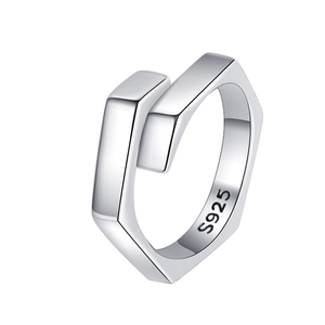 Minimalist S925 sterling silver geometric open ring with sleek hexagonal design lines